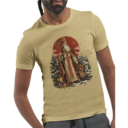 Heiliger Nikolaus T-Shirt in Weiche Creme mit traditioneller St.-Nicholas-Illustration, Bischofsstab und nostalgischem Vintage-Design für Nikolaustag und Advent