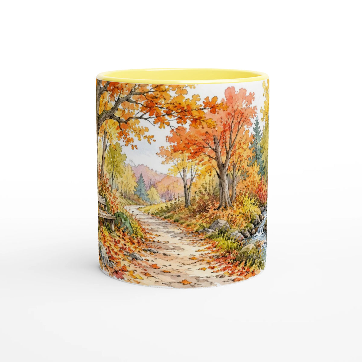 Herbst Tasse 330 ml mit stimmungsvollem Aquarellmotiv „Herbstspaziergang“ in warmen Gelb-, Orange-, Grün- und Erdtönen
