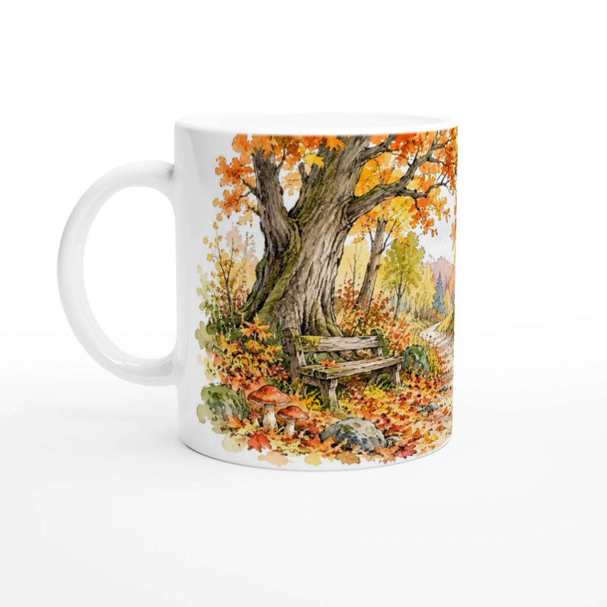 Herbstliche Keramiktasse mit Aquarellmotiv und farbigem Henkel als Teil der gelben oder grünen Edition
