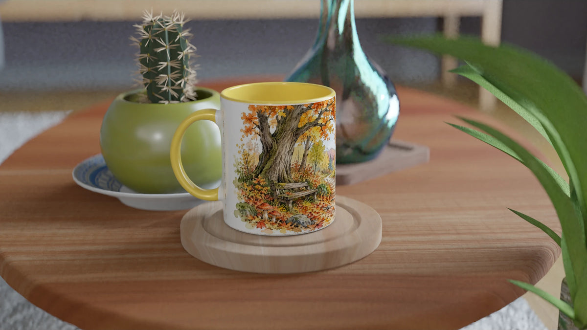 Herbst Tasse 330 ml mit Aquarellmotiv „Herbstspaziergang“, erhältlich als weiße, gelbe oder grüne Keramik-Edition