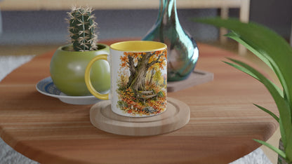 Herbst Tasse 330 ml mit Aquarellmotiv „Herbstspaziergang“, erhältlich als weiße, gelbe oder grüne Keramik-Edition
