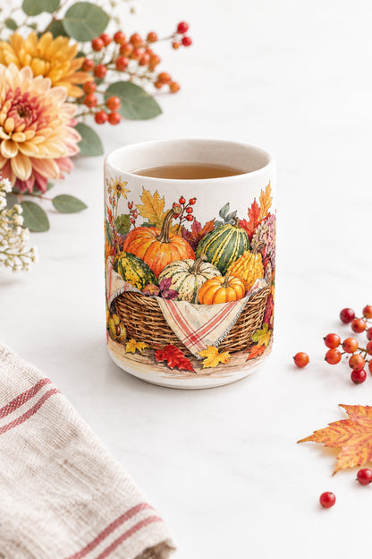 Detailreiche Herbstillustration mit rosa und gelben Blüten, roten Beeren, buntem Laub und verschiedenen dekorativen Kürbissen