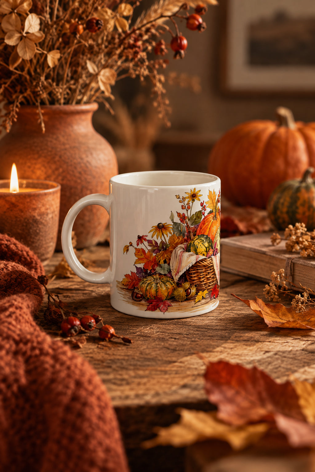 Weiße Keramiktasse 330 ml mit umlaufendem herbstlichem Aquarellmotiv aus Kürbissen, Blättern, Blüten und einer warm leuchtenden Laterne