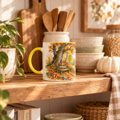 Keramiktasse mit herbstlicher Aquarellillustration als Geschenkidee für Herbstliebhaber, Naturfreunde und Freunde handgemalter Motive