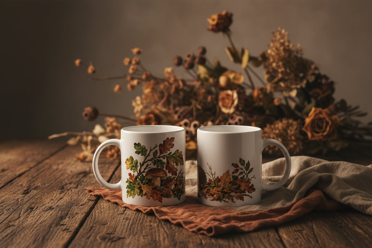 Fein gezeichneter Igel zwischen Eichenblättern, Pilzen, Eicheln und Hagebutten als warmes Naturmotiv auf weißer Keramiktasse.
