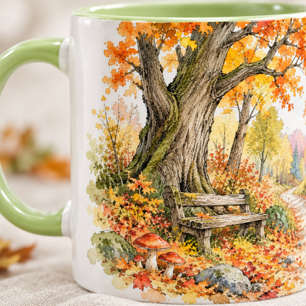 Nahaufnahme der Aquarellillustration „Herbstspaziergang“ mit transparenten Herbstfarben, feinen Linien und natürlichen Grün- und Erdtönen