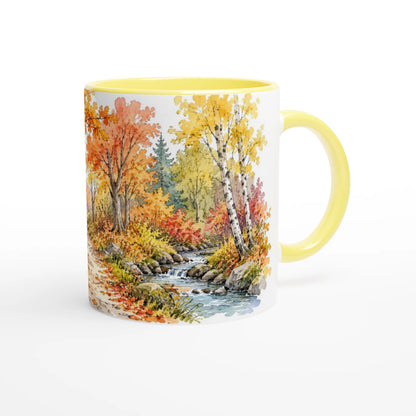 Aquarellillustration „Herbstspaziergang“ mit warmer herbstlicher Farbpalette aus Orange-, Gelb-, Grün- und natürlichen Erdtönen