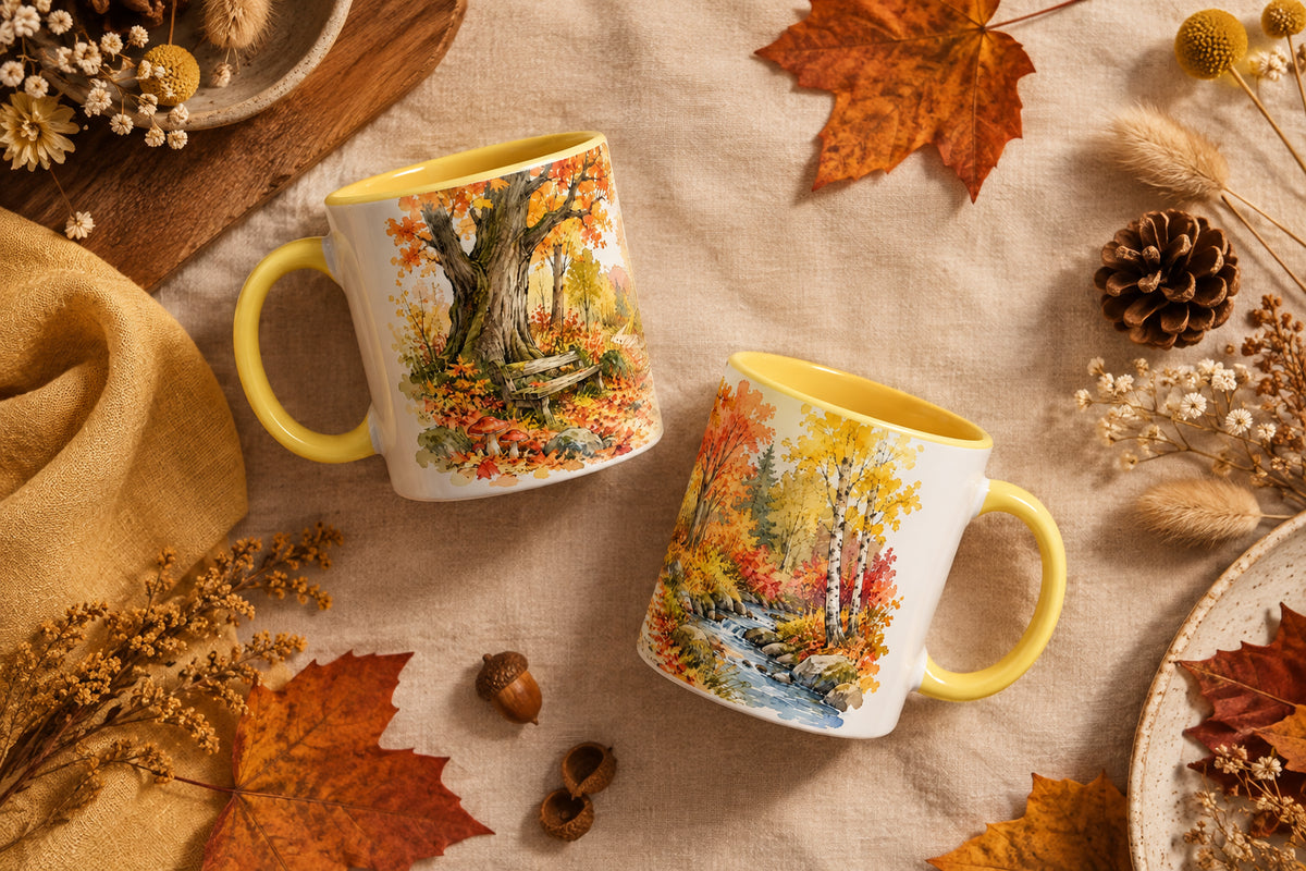 Herbstliche Keramiktasse 330 ml in gelber Edition mit gelbem Rand, gelber Innenseite und Henkel sowie Aquarellmotiv „Herbstspaziergang“