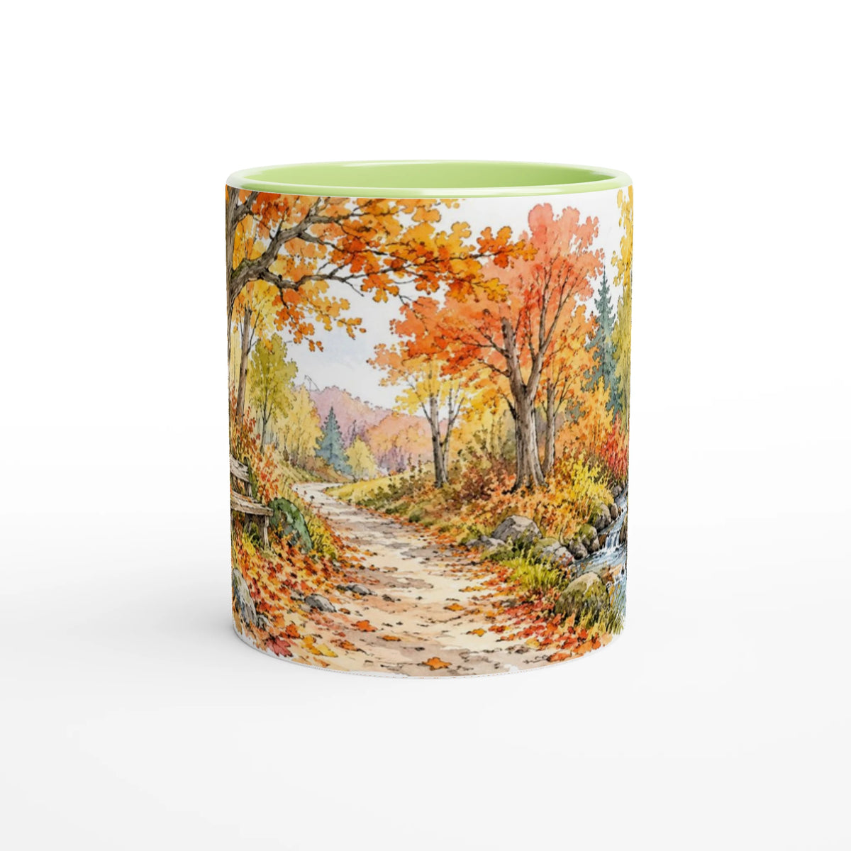 Herbst Tasse 330 ml in grüner Edition mit grünem Rand, grüner Innenseite und Henkel sowie dem Aquarellmotiv „Herbstspaziergang“