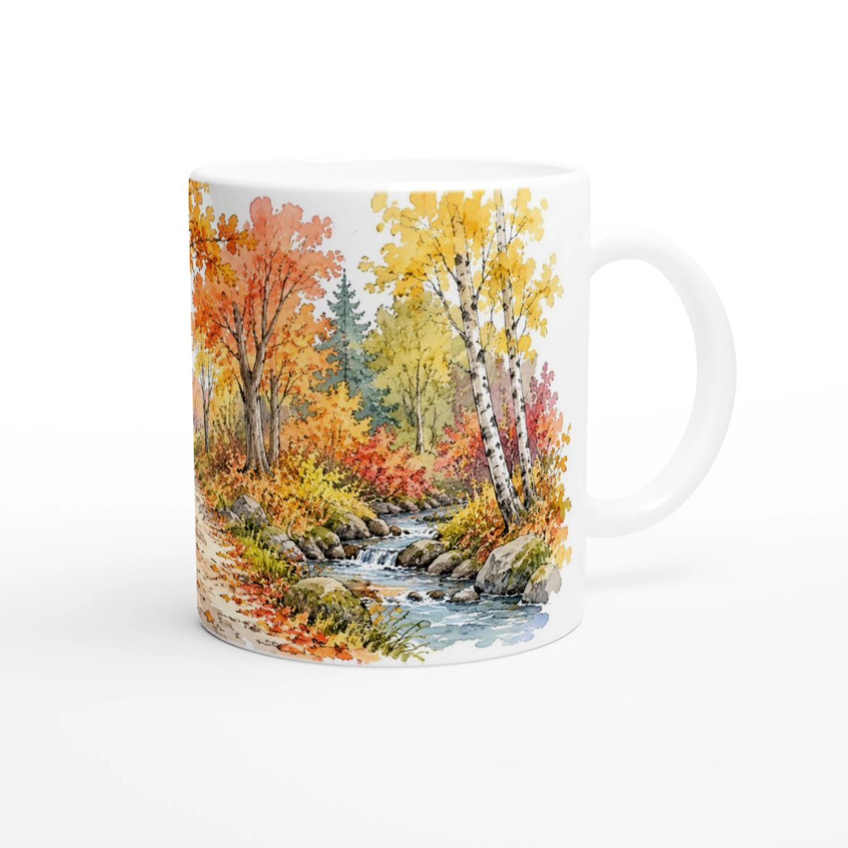 Seitliche Ansicht der 330-ml-Keramiktasse mit dem Aquarellmotiv „Herbstspaziergang“ in warmen Herbstfarben