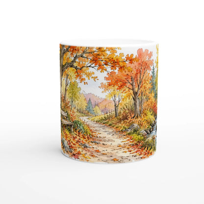 Weiße Keramiktasse 330 ml mit herbstlichem Aquarellmotiv „Herbstspaziergang“ und warmer natürlicher Farbgebung