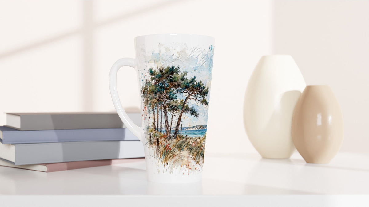 Aquarellierte Hiddensee-Landschaft mit hellen Dünen, Strandgras, Küstenpflanzen und Ostsee im Hintergrund