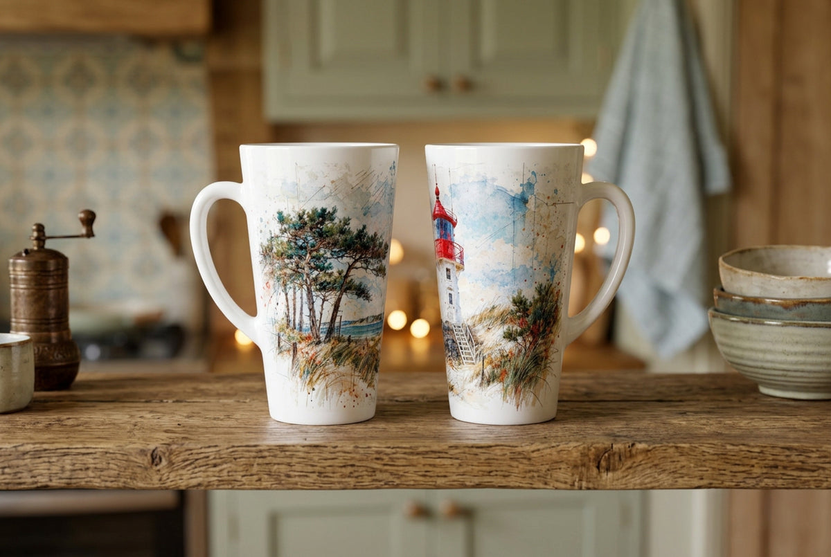 Seitliche Ansicht der Latte Tasse mit aquarellierten Kiefern, Dünengras, Sand und blauem Ostseewasser