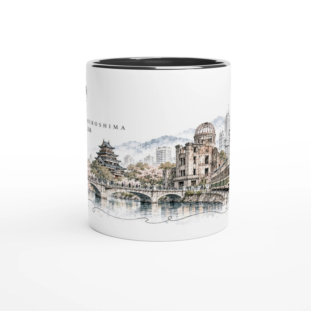 Hiroshima Aquarellmotiv mit zarten Kirschblüten, Fluss, Brücke und japanischer Stadtlandschaft in zurückhaltenden Rosé- und Naturtönen