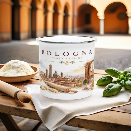 Historische Altstadt von Bologna mit frischer Pasta als Aquarellillustration