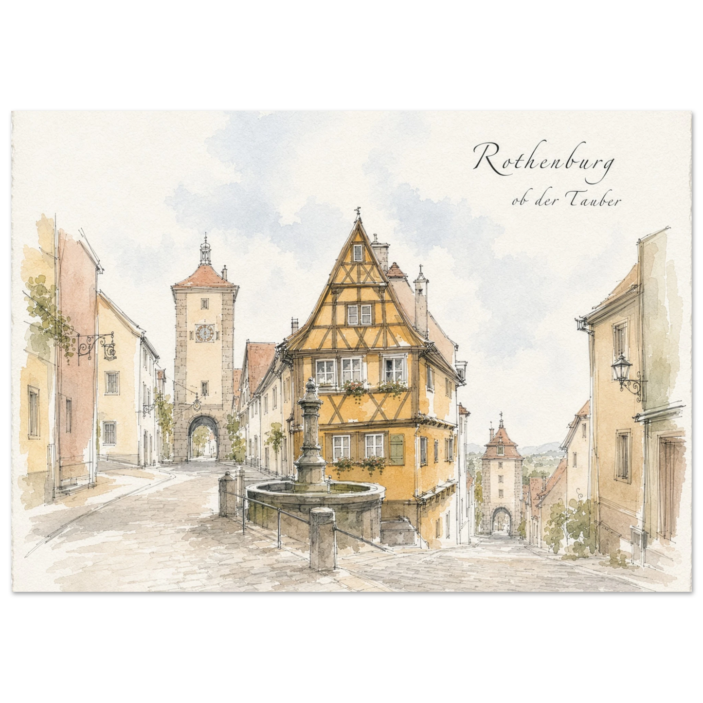 Historische Fachwerkhäuser und Stadttor in Rothenburg als stimmungsvoller Kunstdruck