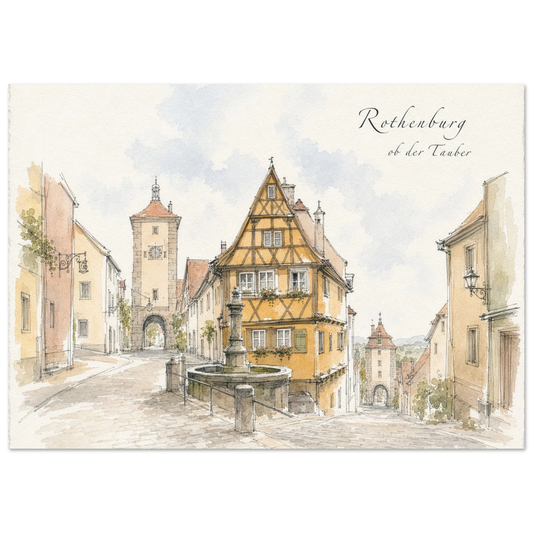 Historische Fachwerkhäuser und Stadttor in Rothenburg als stimmungsvoller Kunstdruck
