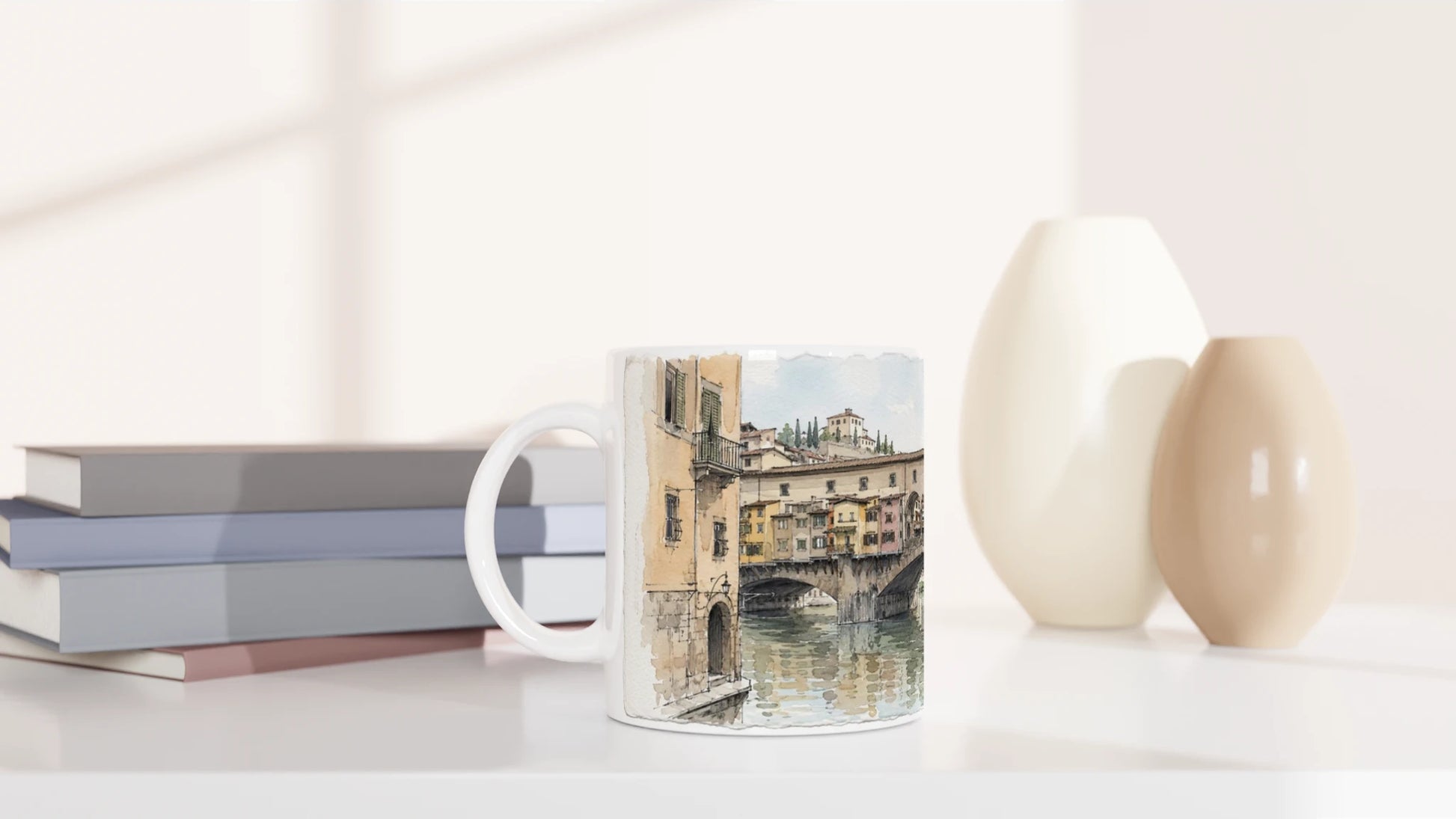 Künstlerische Florenz Tasse mit warmer Stadtansicht in Ocker, Terrakotta, Grün und sanftem Blau
