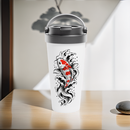 Thermobecher mit Koi und stilisierten Wellen im Sumi-e-Stil