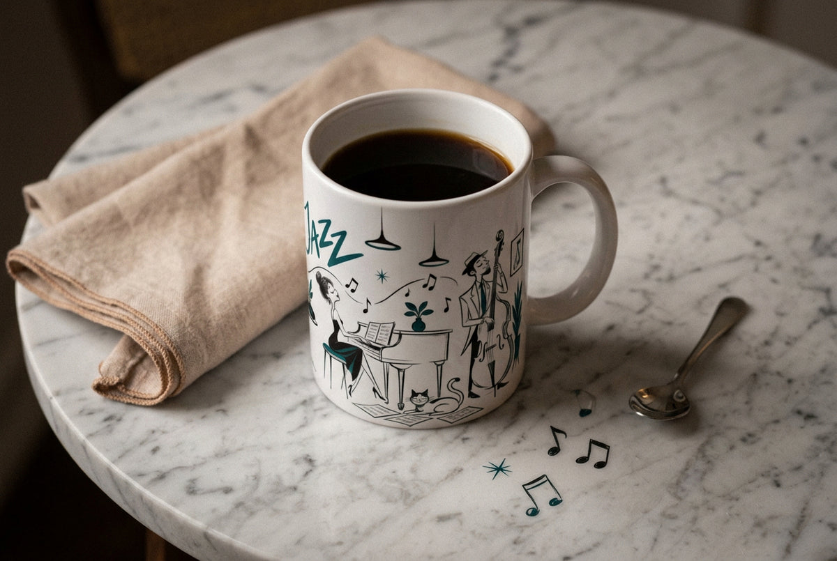 Weiße 330-ml-Tasse mit minimalistischer Line-Art eines Jazzensembles aus Gesang, Schlagzeug, Klavier und Kontrabass