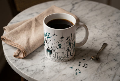 Weiße 330-ml-Tasse mit minimalistischer Line-Art eines Jazzensembles aus Gesang, Schlagzeug, Klavier und Kontrabass