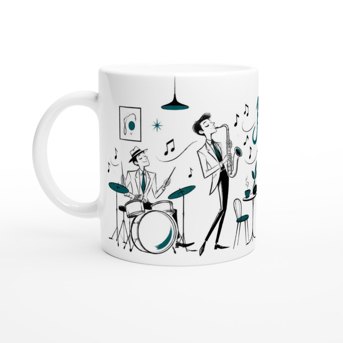 Zwei weiße Keramiktassen mit stilisierten Jazzmusikern, Schlagzeug, Klavier und Kontrabass in schwarzer Line-Art mit Petrol-Akzenten