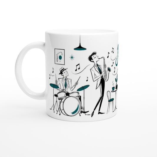 Zwei weiße Keramiktassen mit stilisierten Jazzmusikern, Schlagzeug, Klavier und Kontrabass in schwarzer Line-Art mit Petrol-Akzenten