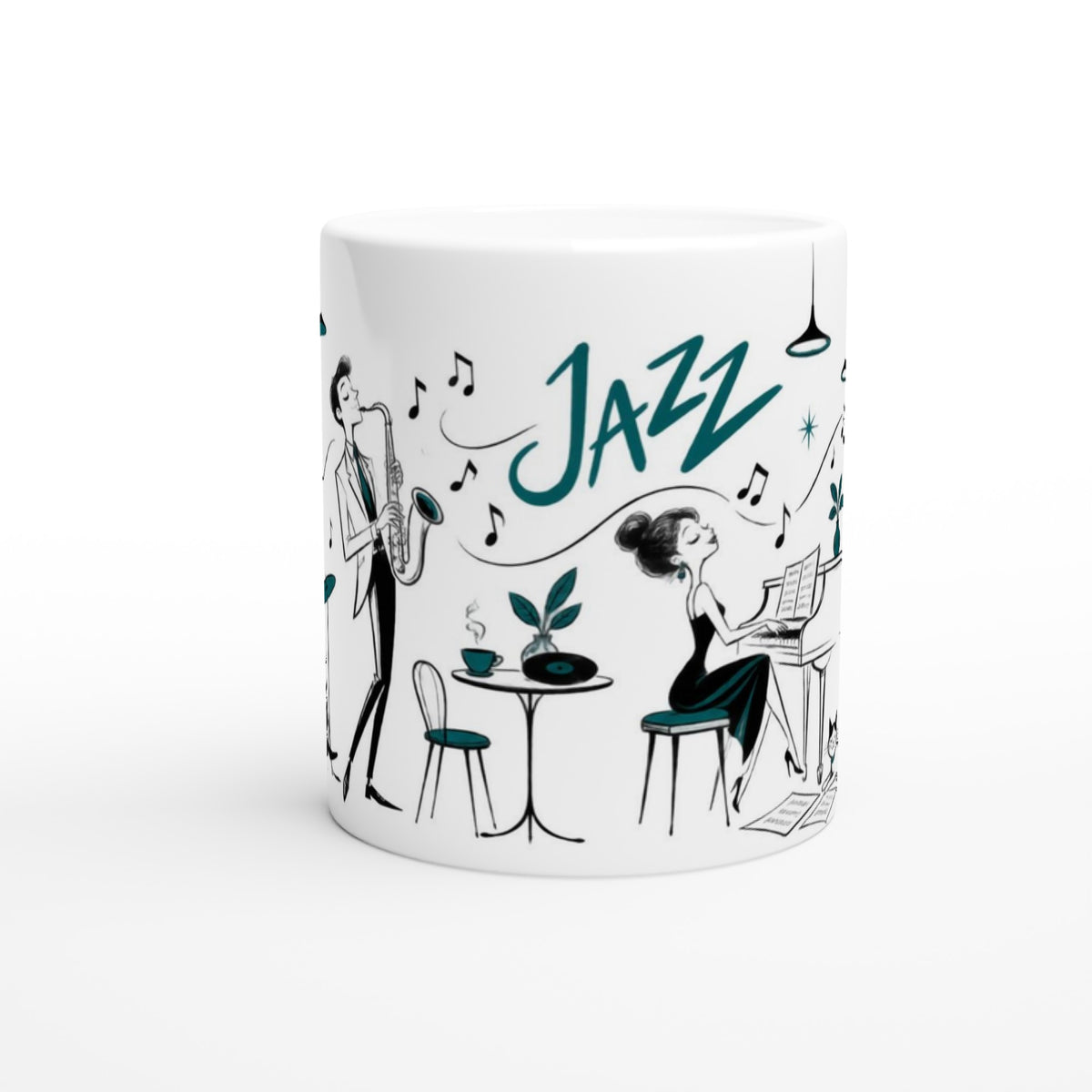 Keramiktasse mit stilisierter Jazzszene aus Pianist, Kontrabassist, Klavier, Notenblättern und kleiner Katze