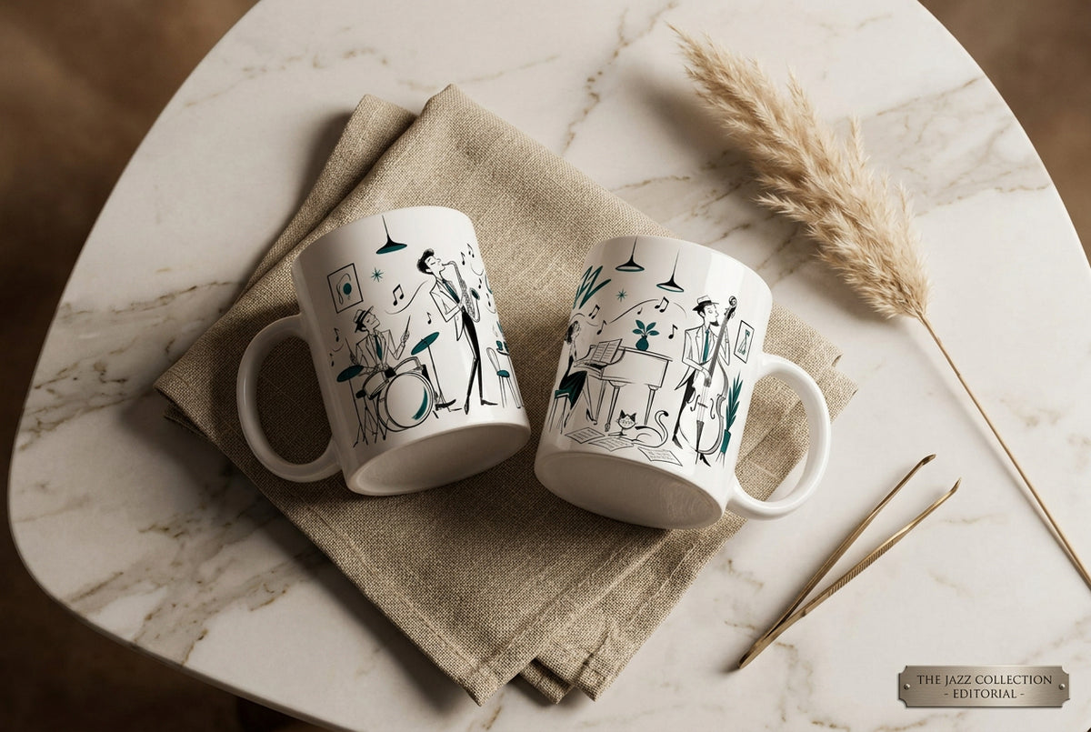 Weiße Keramiktasse mit gezeichnetem Sänger und Schlagzeuger, Musiknoten und petrolfarbenen Akzenten im Retro-Stil