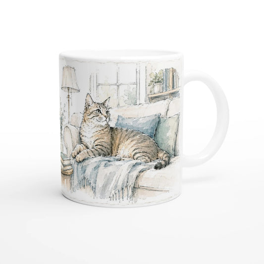 Katzen Tasse Lazy Afternoon Cat mit entspannter Sofakatze zwischen Buechern und Kaffeetasse im Wohnzimmer