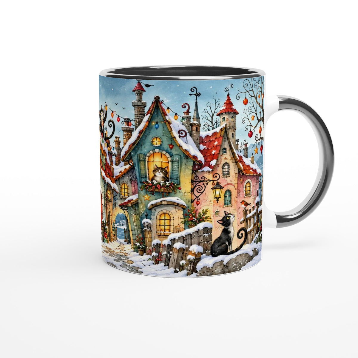 Katzentasse mit verschneitem Weihnachtsdorf, Katzen auf den Dächern, bunten Häusern, Weihnachtsbaum und Geschenken