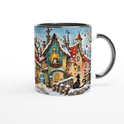 Katzentasse mit verschneitem Weihnachtsdorf, Katzen auf den Dächern, bunten Häusern, Weihnachtsbaum und Geschenken