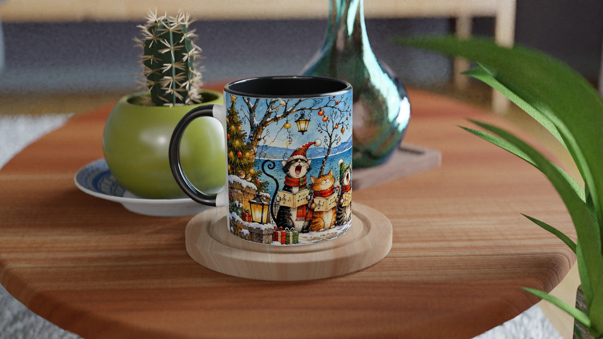 Weihnachtliche Katzenszene mit geschmücktem Tannenbaum, Geschenken, warm leuchtenden Laternen und verschneiter Landschaft