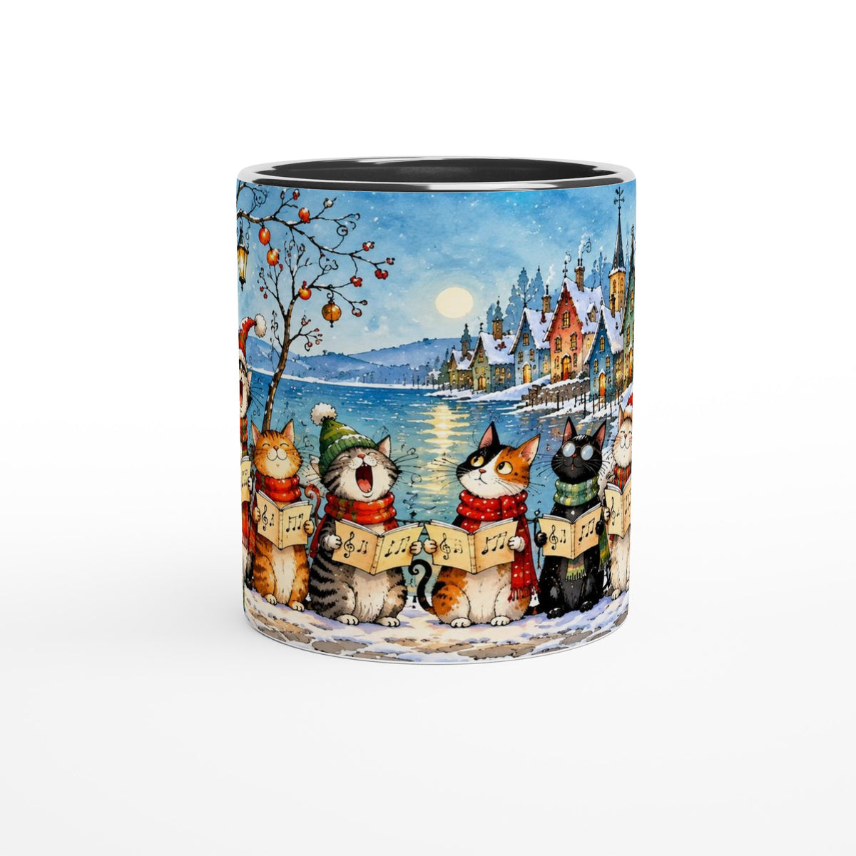 Keramiktasse mit singenden Katzen, Notenblättern und verschneiten farbigen Häusern sowie Laterne und Weihnachtskranz