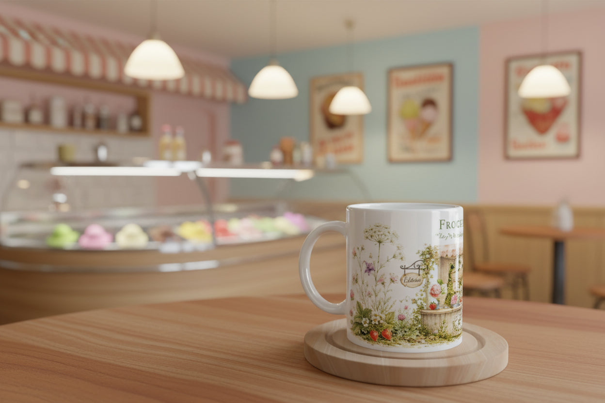 Märchenhafte Gelateria Szene mit kleinem Frosch, italienischem Speiseeis und sommerlichem Cottage-Garten