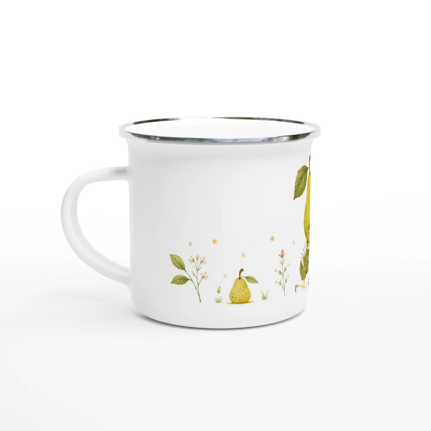 Weisser Emaille-Becher mit einer liebevollen Aquarellillustration eines kleinen Birnenjungen, der neugierig einer Schnecke zwischen Wildblumen und Gräsern begegnet.