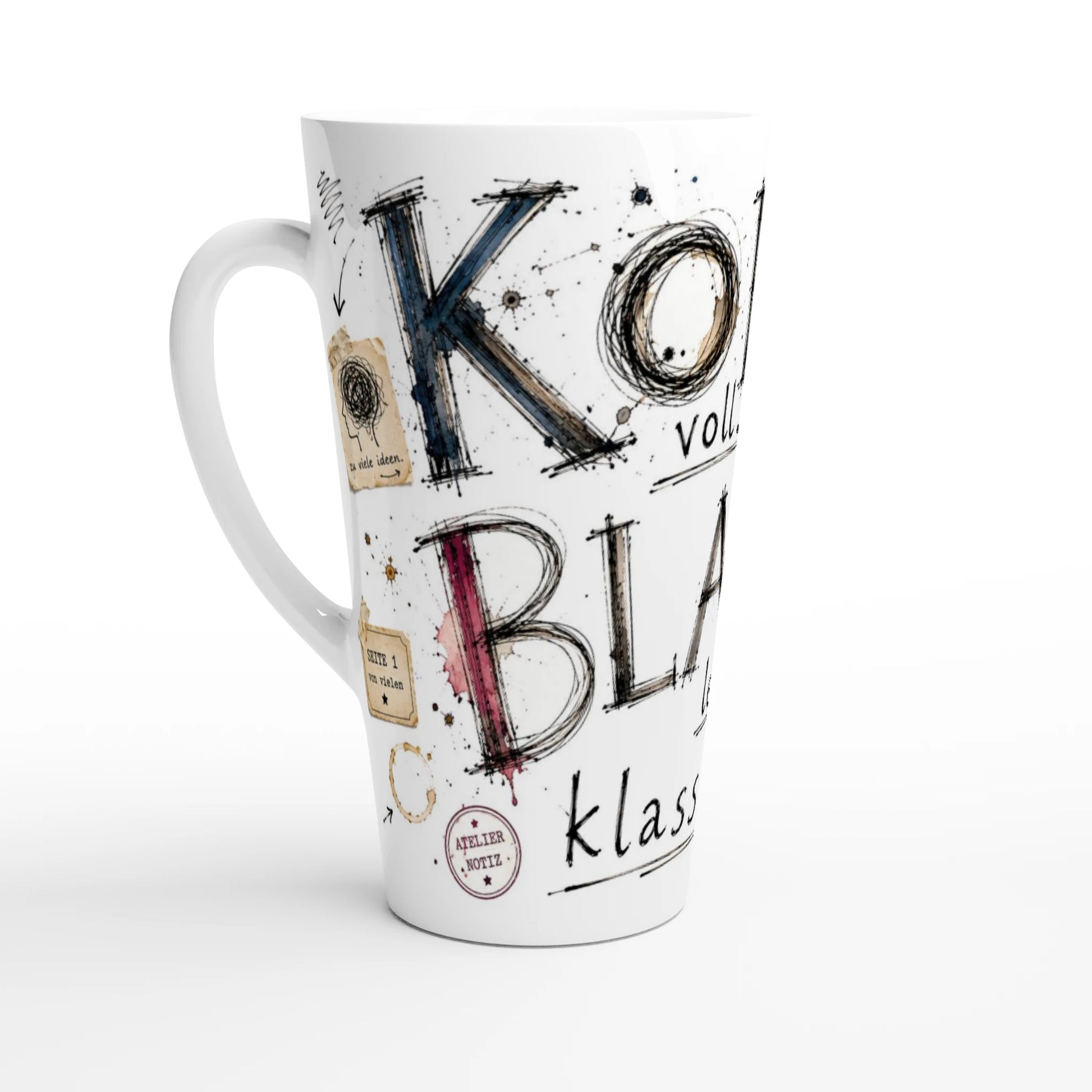 Hohe Latte Tasse mit dem Spruch Kopf voll Blatt leer Klassiker und kreativem Sketch Design