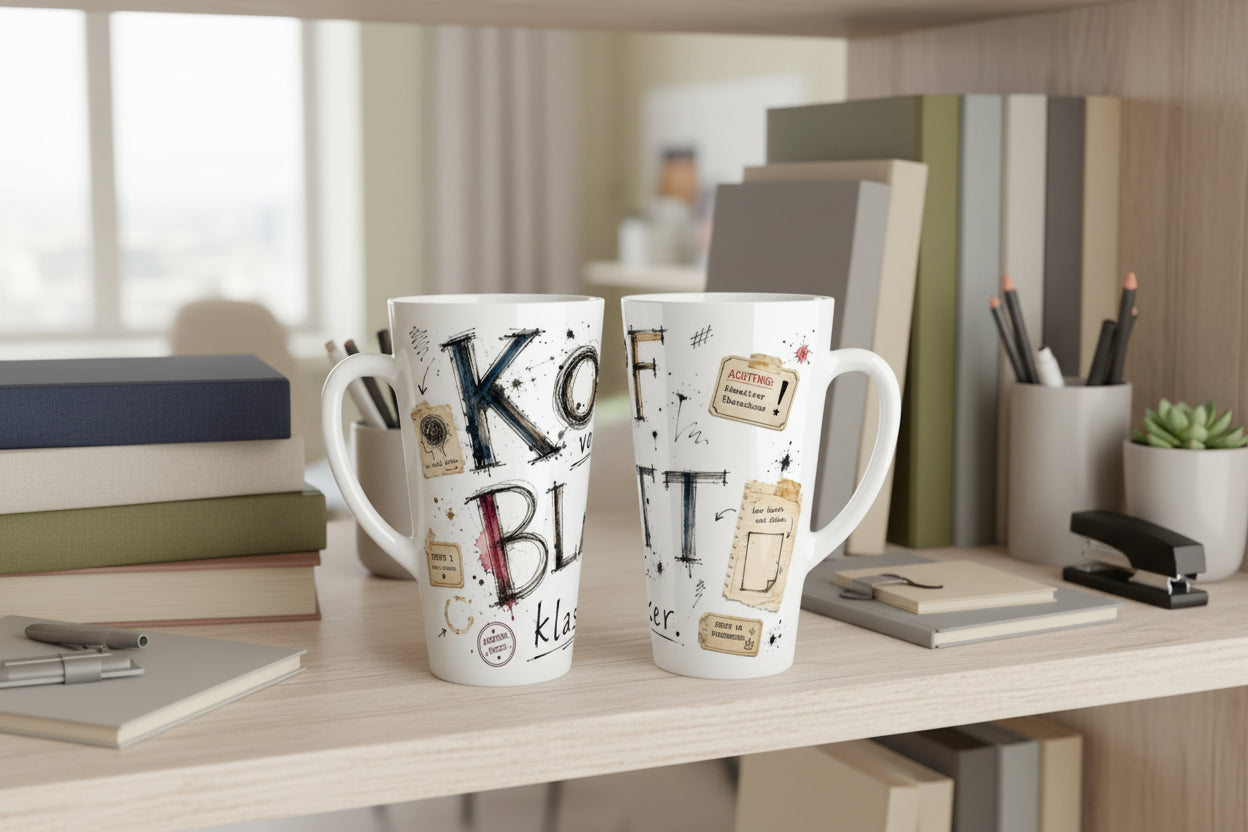 Latte Tasse mit deutschem Kreativspruch und künstlerischer Typografie