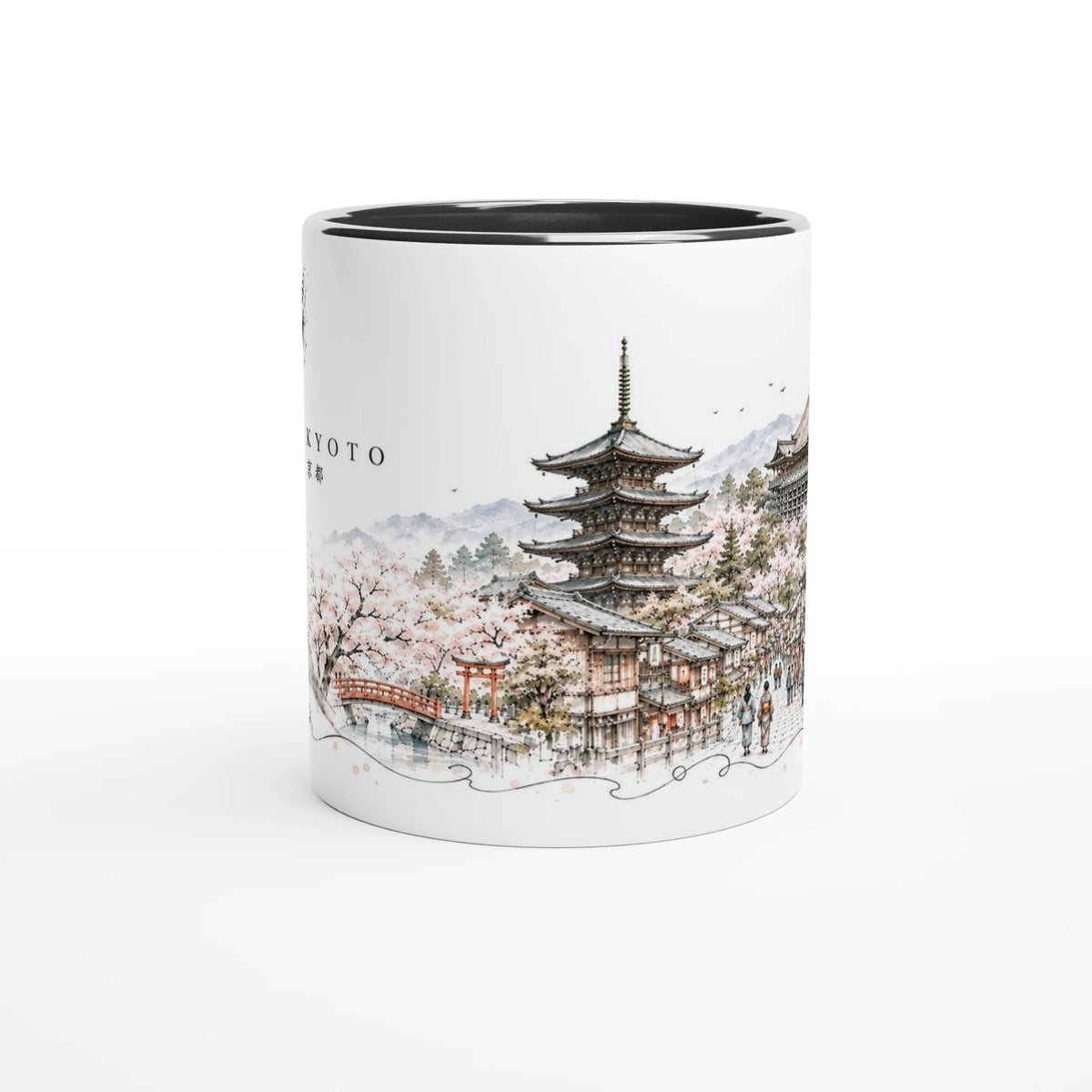 Detailreiche Kyoto Illustration mit traditioneller Altstadtgasse, Machiya-Häusern, Laternen und klassischer japanischer Architektur