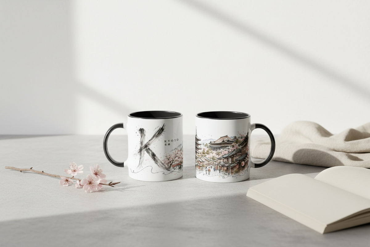 Kyoto Aquarellmotiv mit zarten Kirschblüten, Brücke, Wasser und historischen japanischen Häusern in warmen Naturtönen