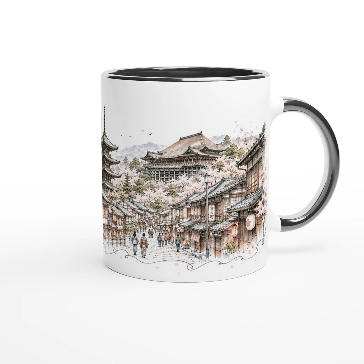 Großes frei gemaltes Tusche-K neben der Kyoto Stadtillustration im japanisch inspirierten Stil der Serie Sakura & Steel