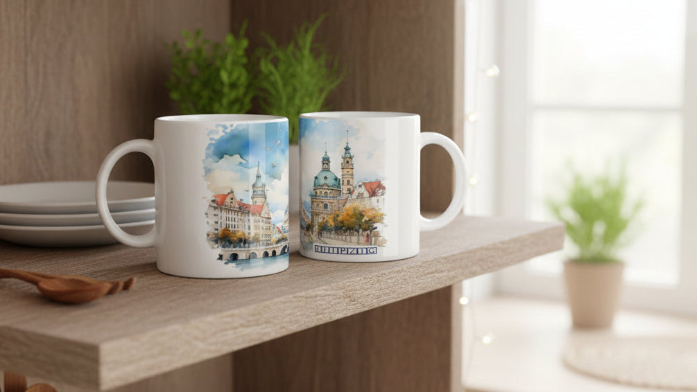 Leipzig Souvenir Tasse 330 ml mit historischem Reichsgerichtsgebäude als künstlerische Reiseerinnerung