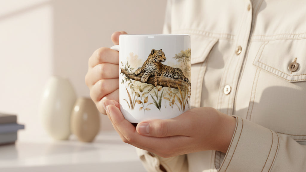 Weiße Keramiktasse mit detailreich aquarellierter Leopardin, die entspannt auf einem alten Ast in der Savanne liegt