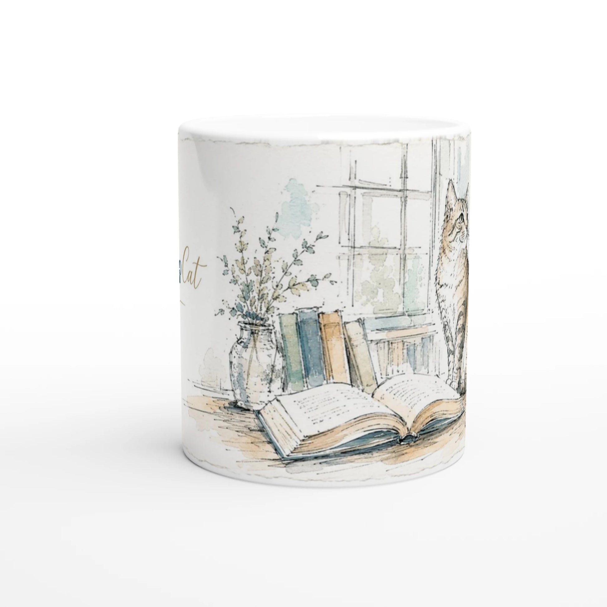 Illustration einer Katze zwischen Buecherregalen und Fenster im hellen Bibliothekszimmer