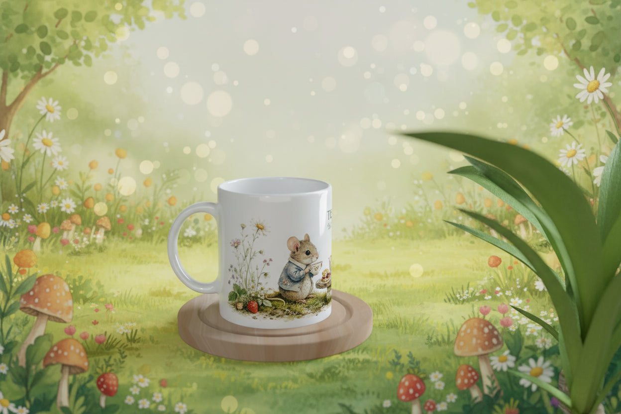 Liebevolle Gartenillustration mit Maus, floraler Teekanne, Gebäck und sommerlichen Blüten