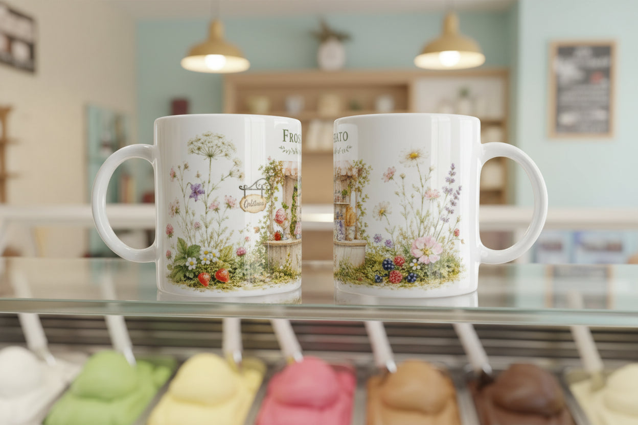 Keramiktasse mit Tiny World Illustration eines Frosches in einer italienischen Gelateria mit vier Eissorten
