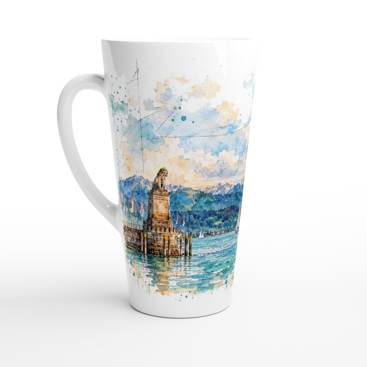 Aquarellierte Lindauer Hafenszene mit Leuchtturm, Bayerischem Löwen, Wasser und weiter Landschaft