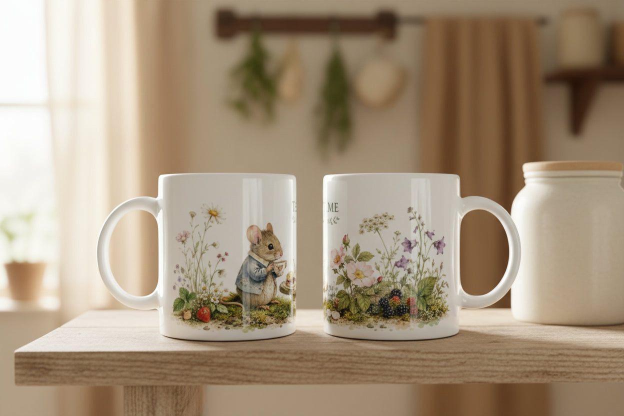 Tiny-World-Motiv mit kleiner Maus, Erdbeeren, Brombeeren und englischer Gartenszene