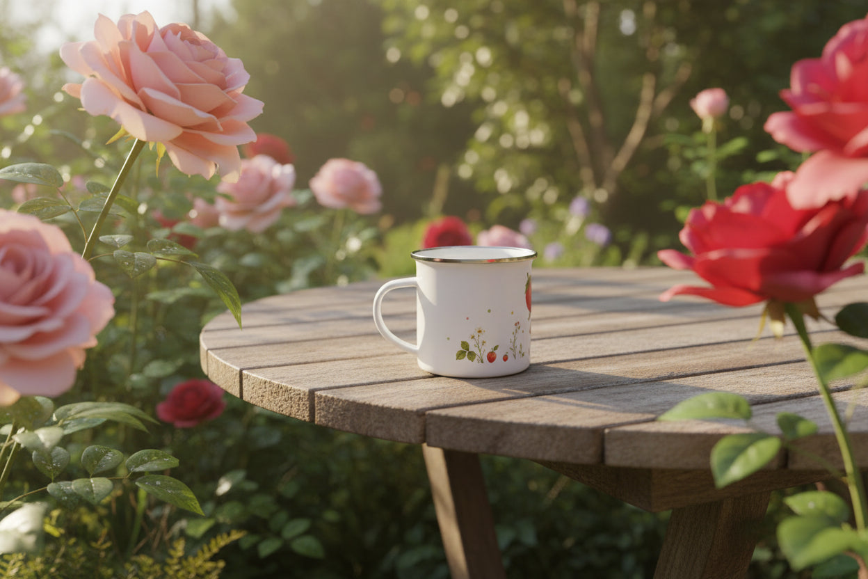 Zarte Fine-Art-Illustration im Bilderbuchstil mit Erdbeermaedchen, Schmetterling und sommerlicher Blumenwiese auf einem weissen Emaille-Becher.