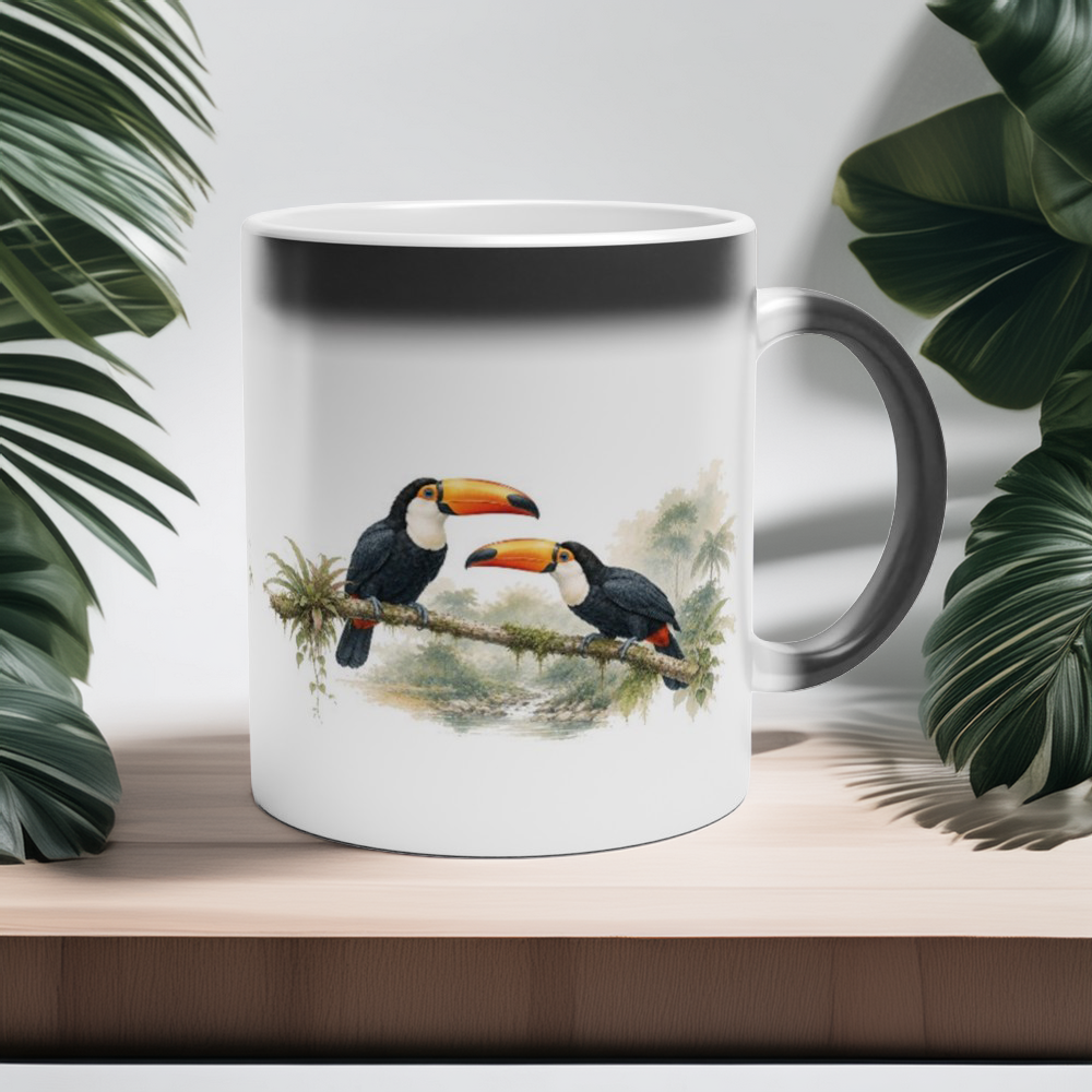 Überraschungseffekt einer magischen Tasse mit exotischem Wildlife Design